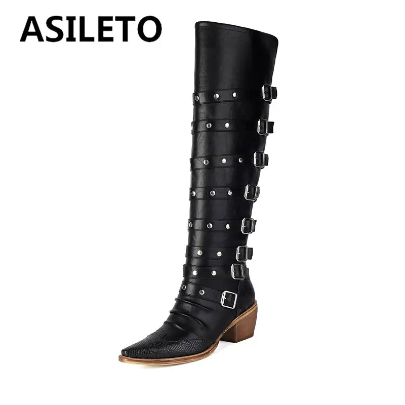 

ASILETO Women Riding Boots Toe Block Heels 5.5cm Belt Buckles Decor 42 43 Daily Knee Bota