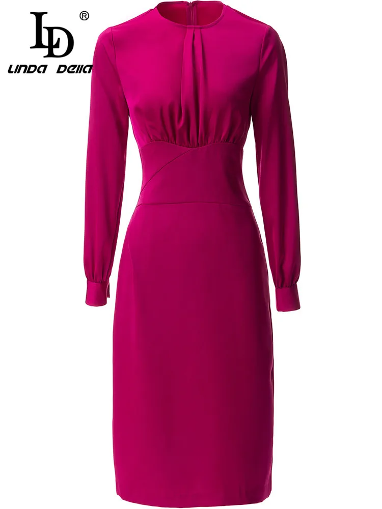 LD LINDA DELLA 2023 Fashion Runway Designer Spring Pencil Dress Women Long sleeve Solid Office Lady Slim Mid-Calf Dress