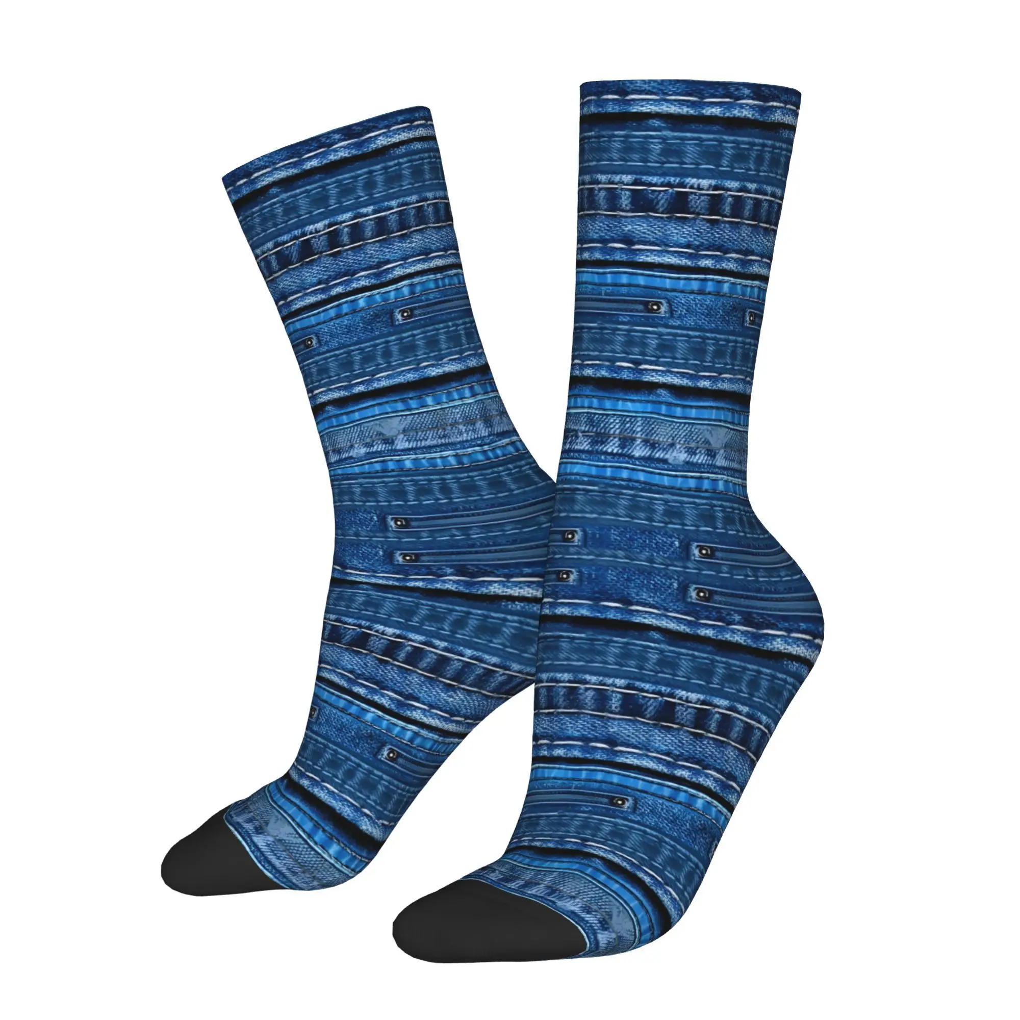 1pc Blue Jeans Denim Patchwork Printed Men's Socks  Novelty Hip Hop Harajuku Pattern Crew Sock Casual Gift