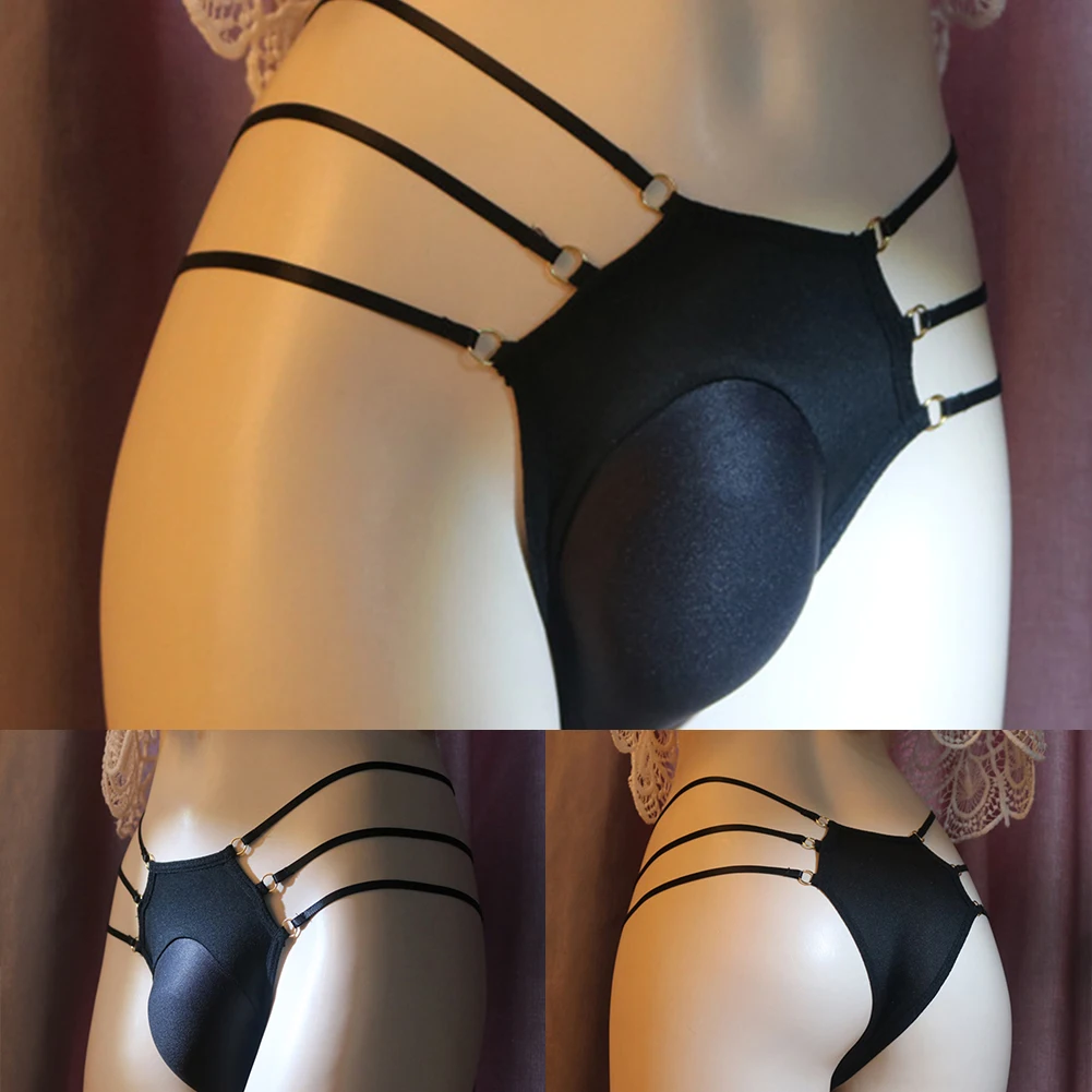 Ropa interior de tirantes finos para hombre, Tanga ajustado de color sólido, Sexy, transpirable, suspensorio Sissy Camel Toe, bragas