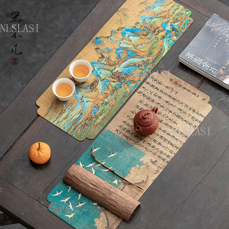 Double‑Sided Chinese Ancient Painting Tea Mat Ruihe Crane Calligraphy Print Fabric Tea Table Runner Waterproof Anti‑Slip Teaware