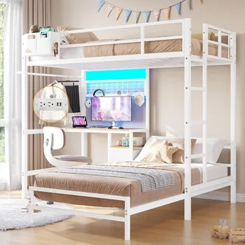 Letto a castello doppio con scrivania e stazione di ricarica Letto a soppalco in metallo con luci a LED, ripiani e cassetti a forma di L