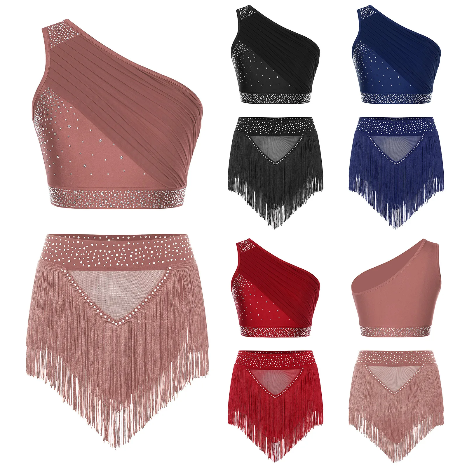 

Women Modern Lyrical Dance Outfit Skating Latin Jazz Set Rhinestones One Shoulder Ruched Crop Top Tassel Shorts Dance Costume