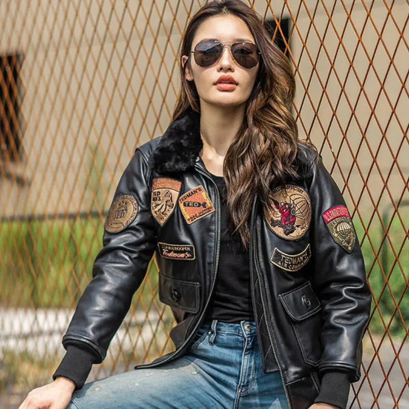 Black G1 Pilot Leather Jacket Women Military Style Plus Size 3XL Natural Sheepskin Autumn Aviation Genuine Leather Coats