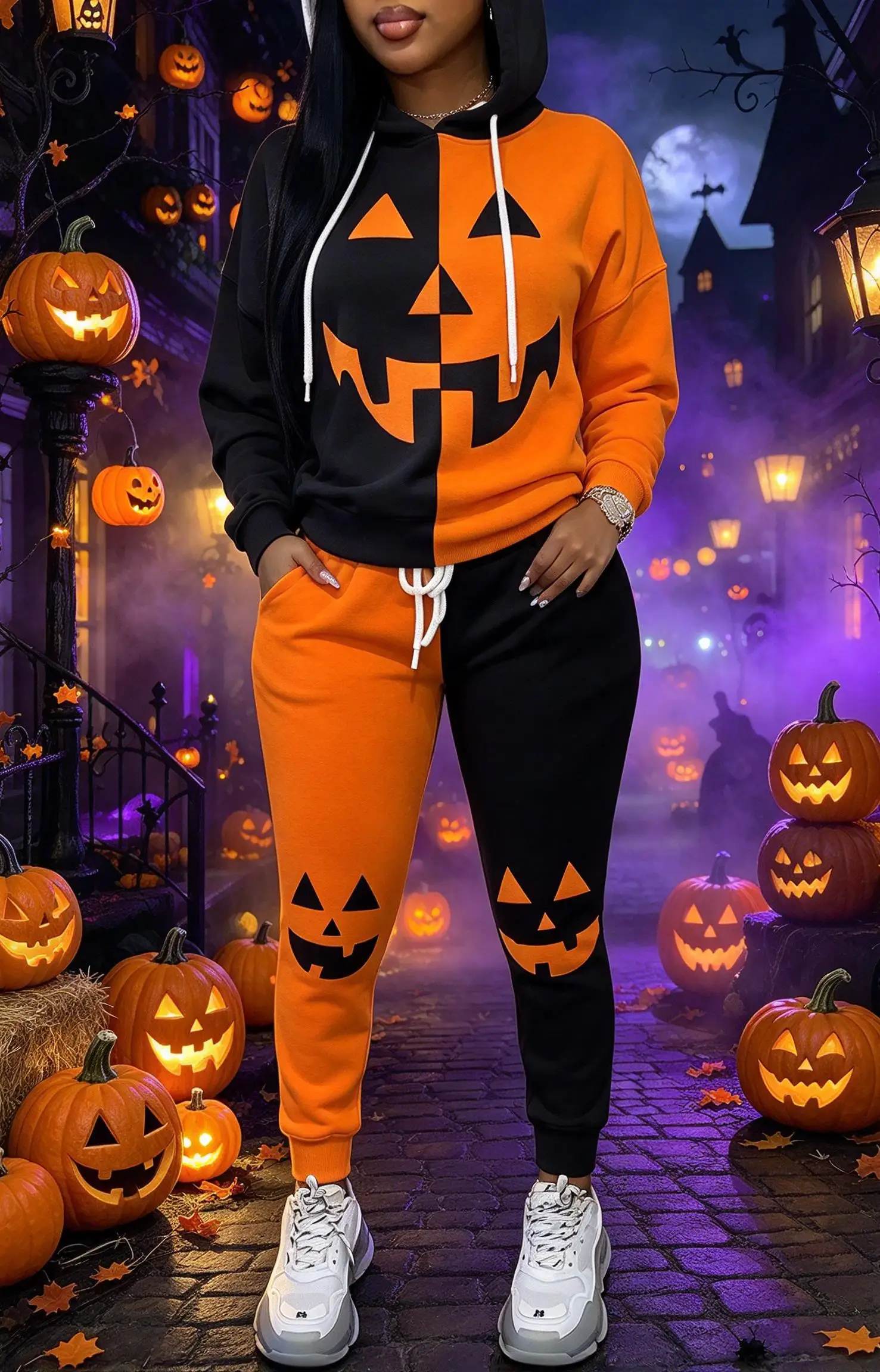 Women Halloween Color Block Hooded Tracksuit, Pumpkin Face Print Hoodie & Cuffed Jogger Pants 2 Piece Outfit