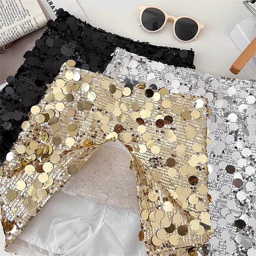 Gowyimmes New Spring Summer Women Sequined Skirt Fashion Hot Girl High Waist Sparkly A-line Shorts Skirts Mini Bottmings PD1851