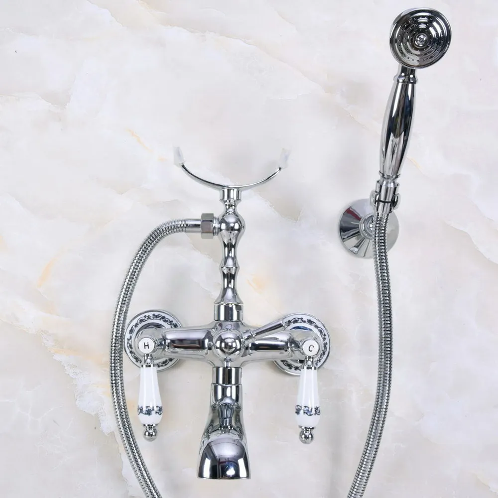 

Silver Chrome Brass Double Handle Wall Mounted Bathroom Bath Tub Faucet Set with 1500MM Hand Held Shower Spray Mixer Tap 2na241