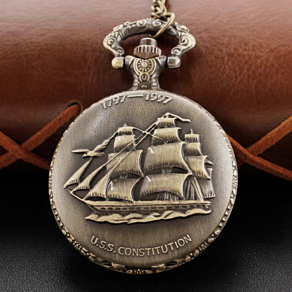 Antique 1797-1997 Sea Sailing Exquisite Relief Quartz Pocket Watch Retro Men's Fob Chain Clock Women's Want Chain Pendant