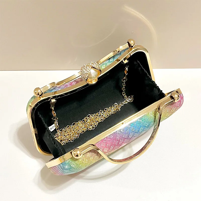 Women's Glitter Rainbow Evening Handbags Sparkly Sequins Weaving Wedding Party Clutch Bag Box Lady Shoulder Chain Top Handle Bag