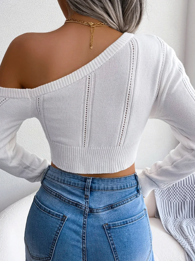 Sexy Knitted One Shoulder Crop Top Women Fashion Long Sleeve Tops Casual Hollow White Thin Sweater Autumn Winter Pullover 2022