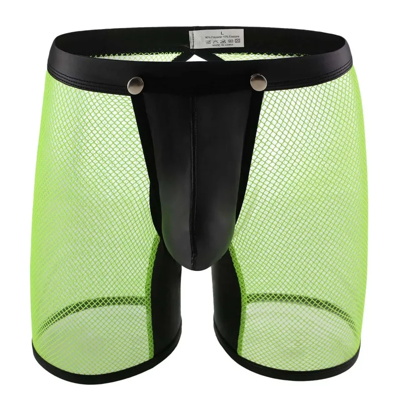 Men's Underwear Shorts Backless Lingerie Sexy Mesh Transparent Breathable Trunks PU Leather Boxers Male Open Crotch Underpants
