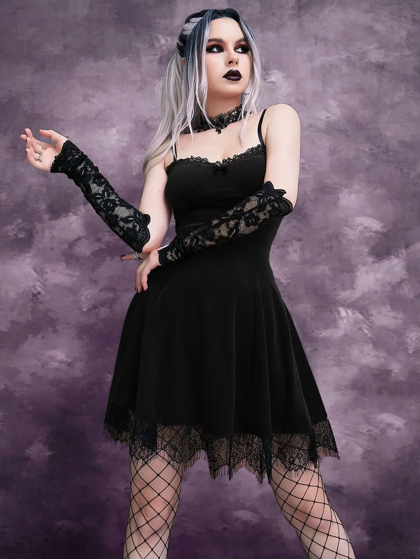 

Dark Lace Spaghetti-Strap Dress European and American Spring Summer