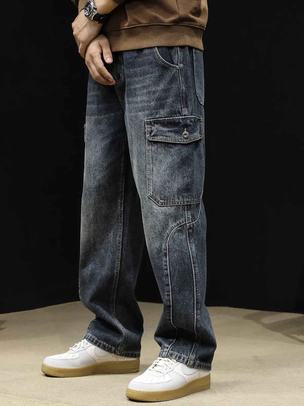 Trendy Men's Straight Leg Jeans Multiple Pockets Workwear Loose Fit Autumn Winter Wide Leg Pants Casual Wear Durable