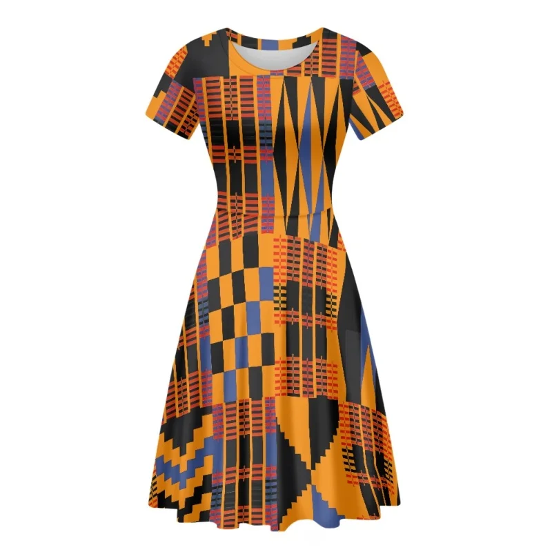 HYCOOL Kente African Ethnic Tribal Print Short Dress for Women Plus Size Colorful Bright Triangle Geometric Dress