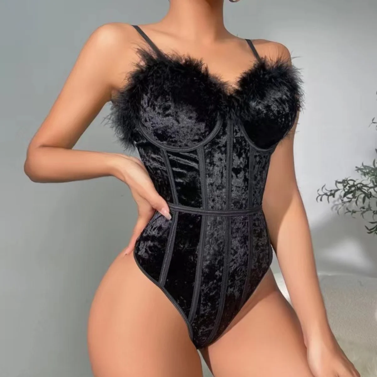 

Sexy Women Spaghetti Strap Bodysuits with Feather Backless Jumpsuit Thong Slim Fit Body Shaper Tank Tops Summer Shapewear Onesie