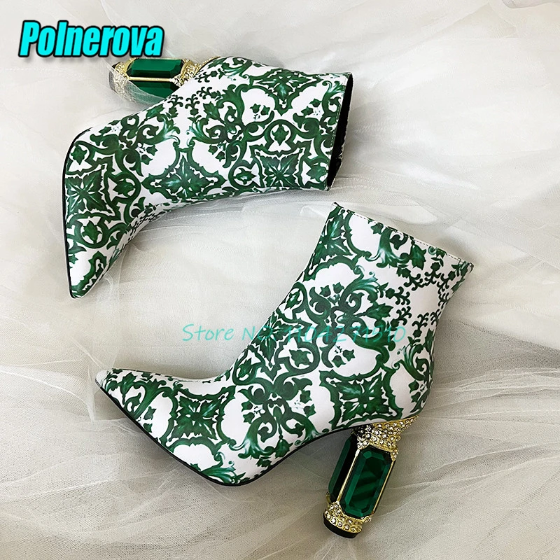 Green White Mixed Colors Print 10CM High Heels Pointed Toe Rhinestone Gemstone Heel Ankle Boots Party Banquet Women's Shoes
