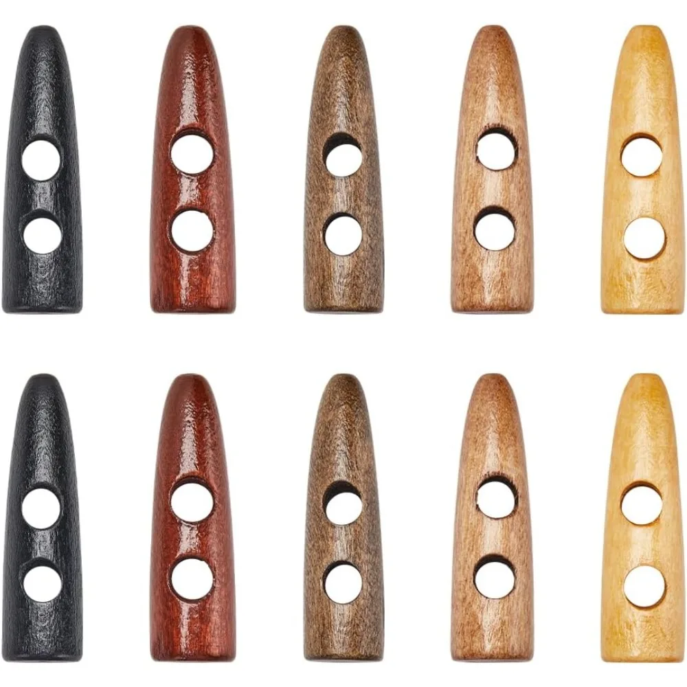 70Pcs 5 Colors Wood Horn Toggle Buttons 1.57x0.43 Oval Tooth 2 Holes Scrapbooking Wood Button for Coat Jacket making kit