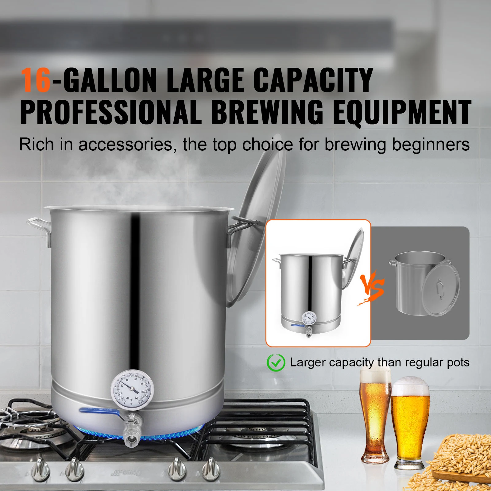 

Stainless Steel Kettle 16 GALLON Brewing Pot Tri Ply Bottom for Beer Brew Kettle Pot Home Brewing Supplies Includes Lid