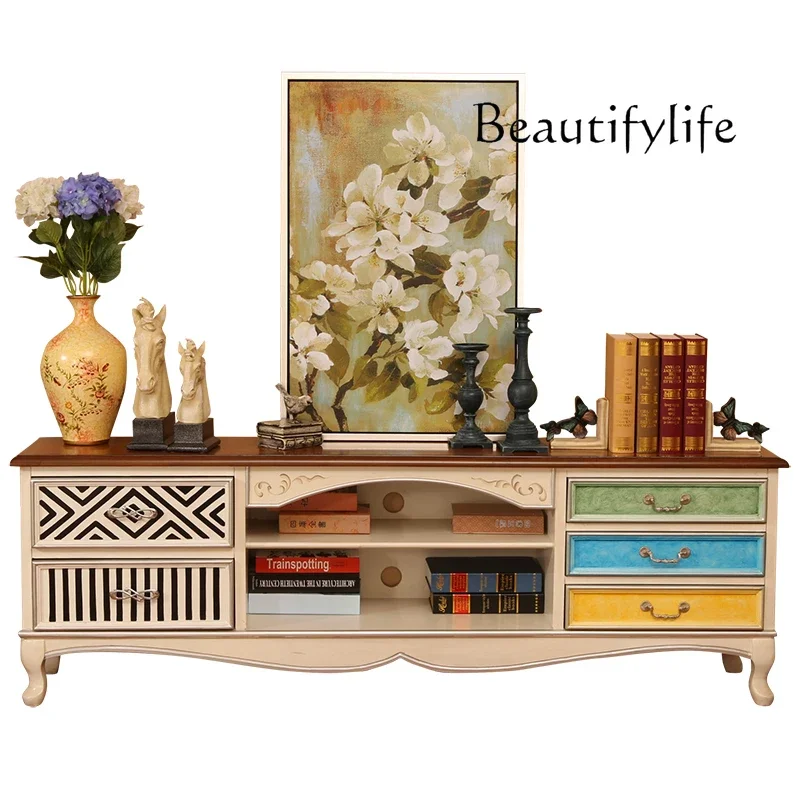 XE American Furniture Country Five Draw TV Cabinet Living Room Retro Painted Storage Mediterranean TV Cabinet