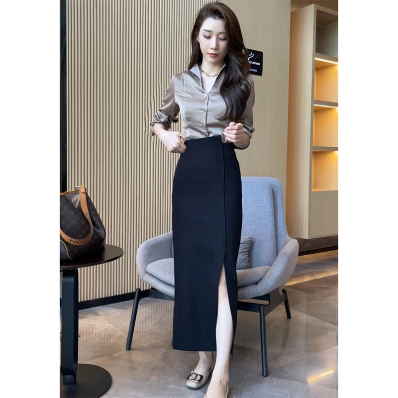Early Autumn Commute Women's Shirt Skirt Set V-neck Satin Half-length Skirt Comfortable Regular Fit High Waist Office Style
