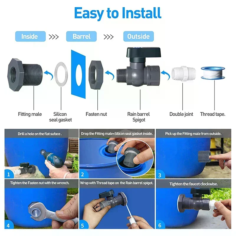 1 Set, PVC Water Barrel Spigot Kit, Connector Drain Adapter With Inner Connection For Garden, Rain Barre, Garden Tool Supplies