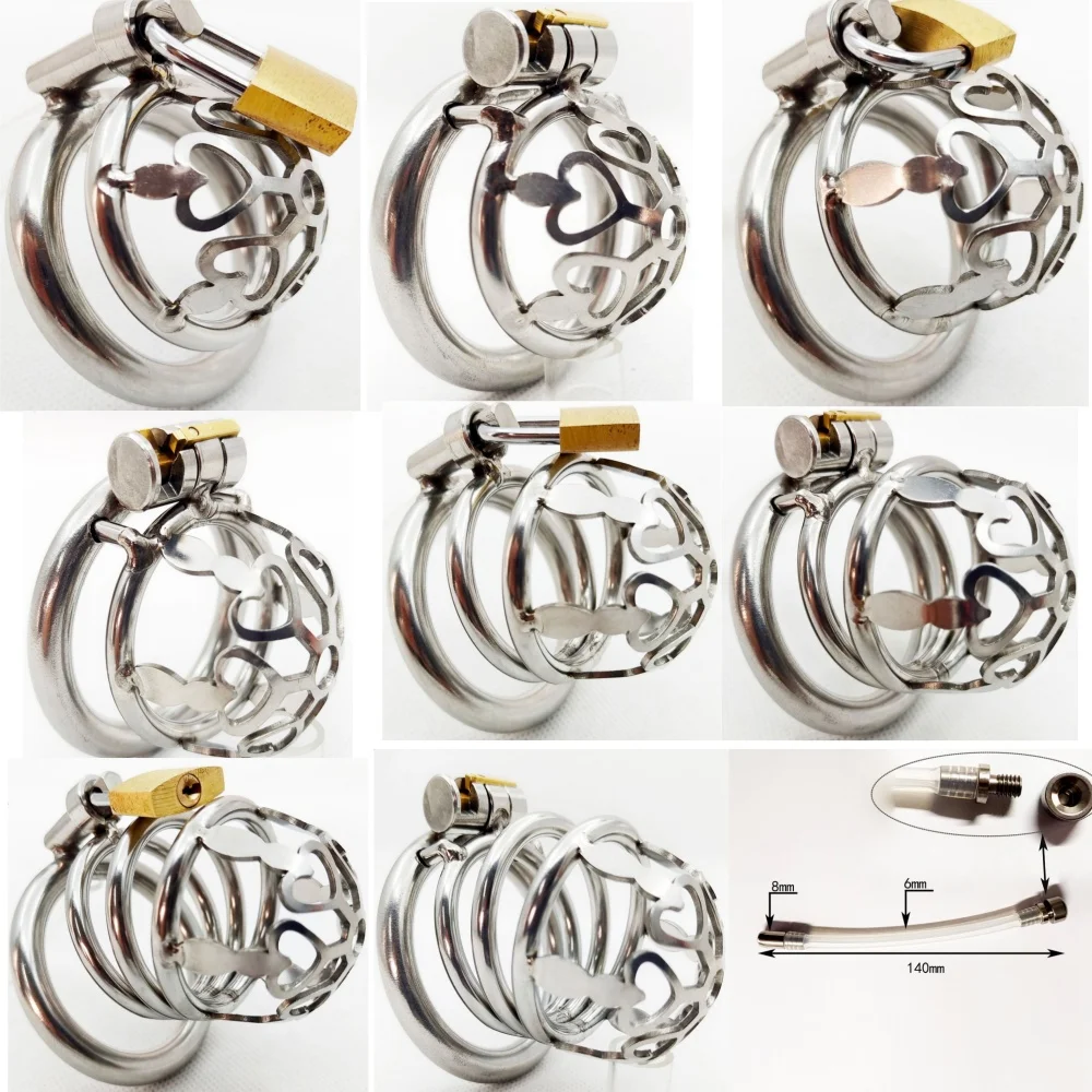 Metal Heart Hollow Out Chastity Cage High Quality SM Penis Bondage Binding Cock Cage with Silicone Catheter Penis Ring Sex Toys