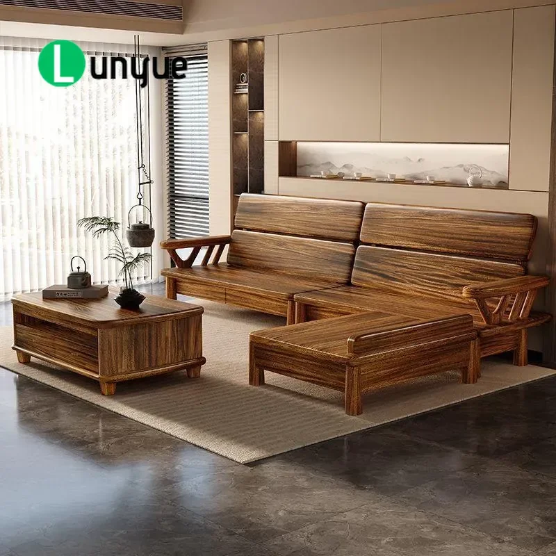 New Chinese Style Walnut All Solid Wood Sofa Set Modern Simple Chaise Longue Corner Sofa for Living Room Winter Summer Dual