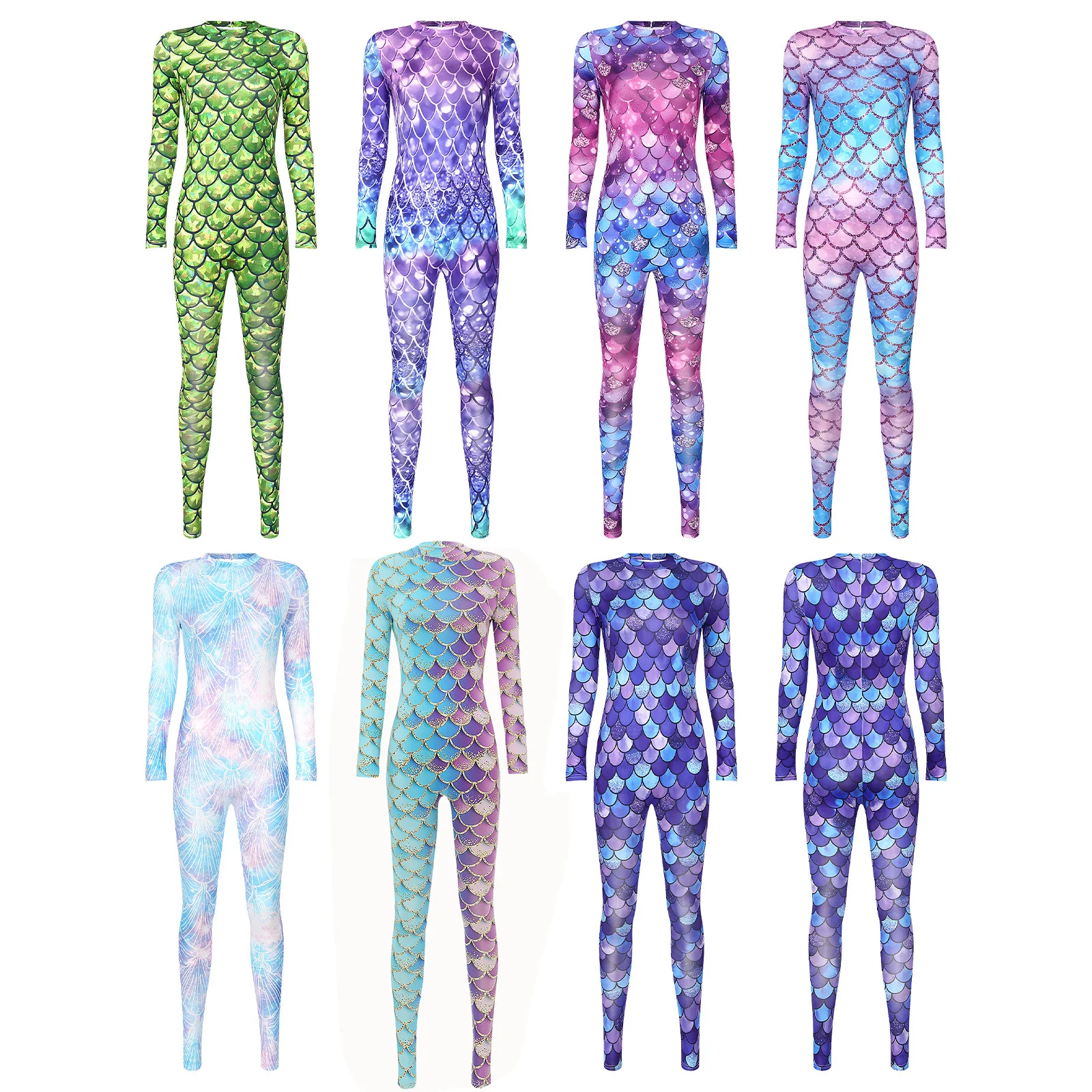 New Womens Mermaid Cosplay Fish Scale Jumpsuit Swimsuit Party Carnival Halloween Costumes Long Sleeve Full Body Romper Bodysuits