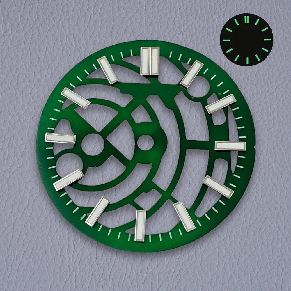 28.5 มม.S โลโก้ Hollow Out Dial Fit NH70/72 การเคลื่อนไหวสีเขียวส่องสว่างคุณภาพสูง Dial นาฬิกาการปรับเปลี่ยนอุปกรณ์เสริม