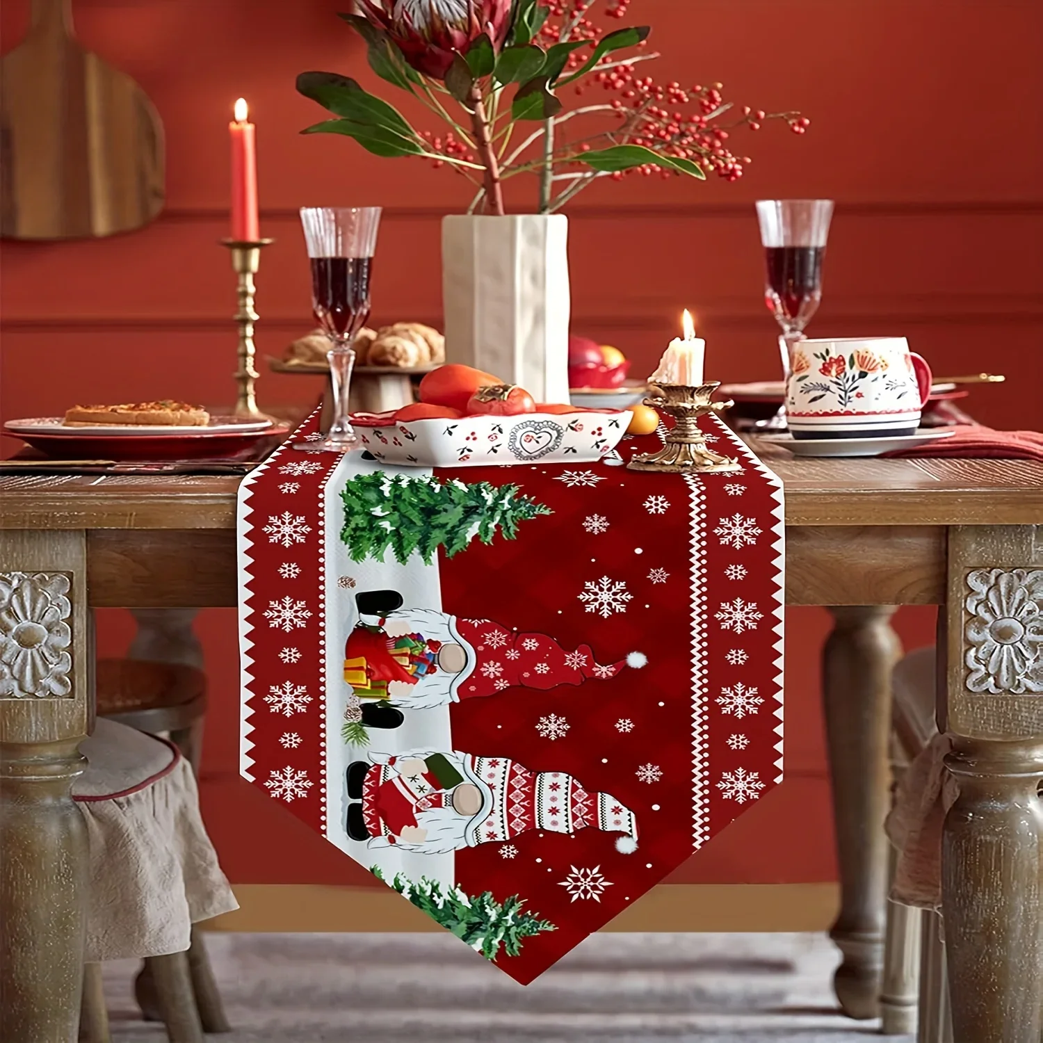 Christmas Gnome Snowflake Linen Table Runners Holiday Party Decor Reusable Kitchen Dining Table Runners Christmas Decorations