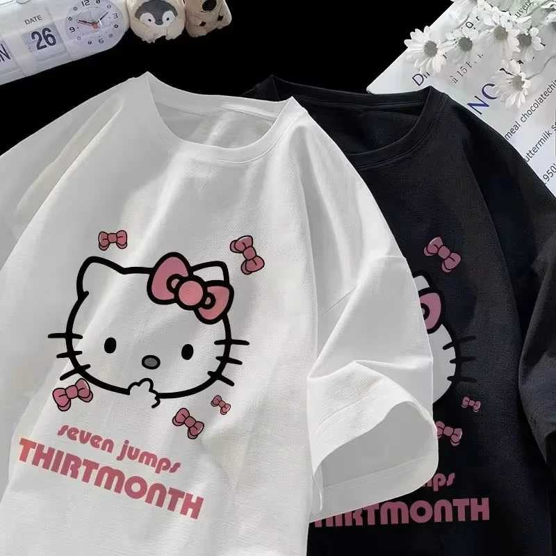 

MINISO 2025 Super Cute Hello Kitty T-shirt Sanrio Cotton Women's Summer T-shirt Y2K Retro Loose Casual Short-sleeved Kaway Tops