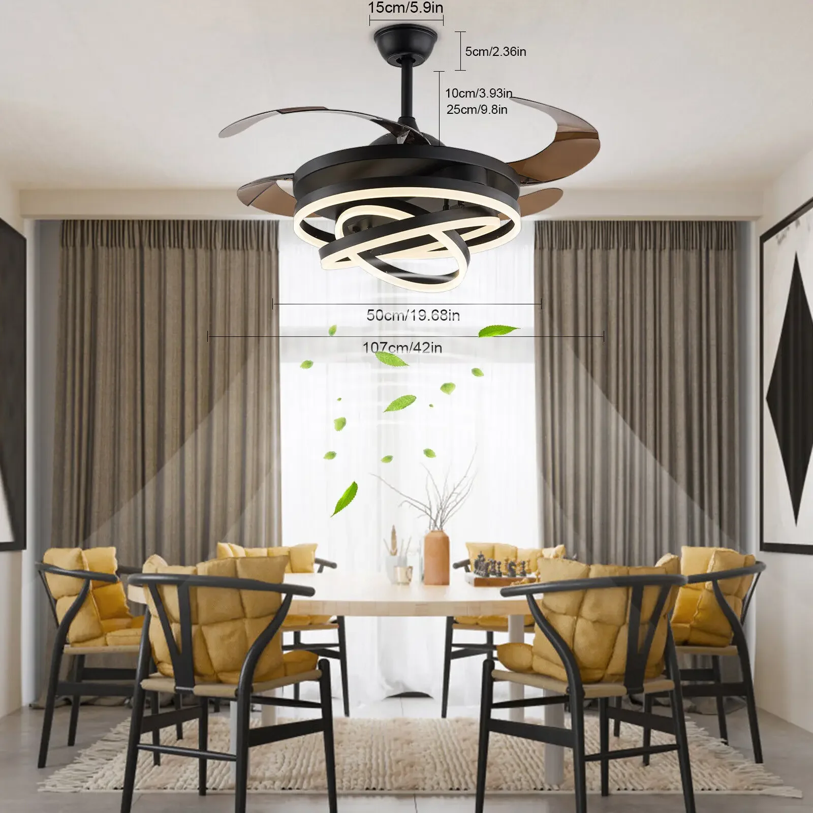 

42" Retractable Ceiling Fan with Lights and Remote 3 Speed 3 Color Change Invisible Fan Chandelier Black