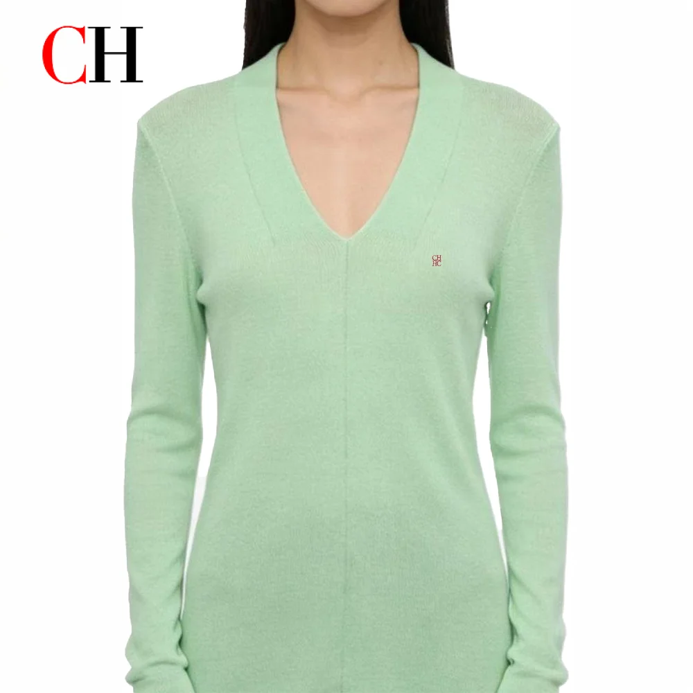 

CH Women's Solid Color V-Neck Knit Sweater Long Sleeve Slim Fit Soft Knit Pullover For Fall Winter Casual Daily Wear