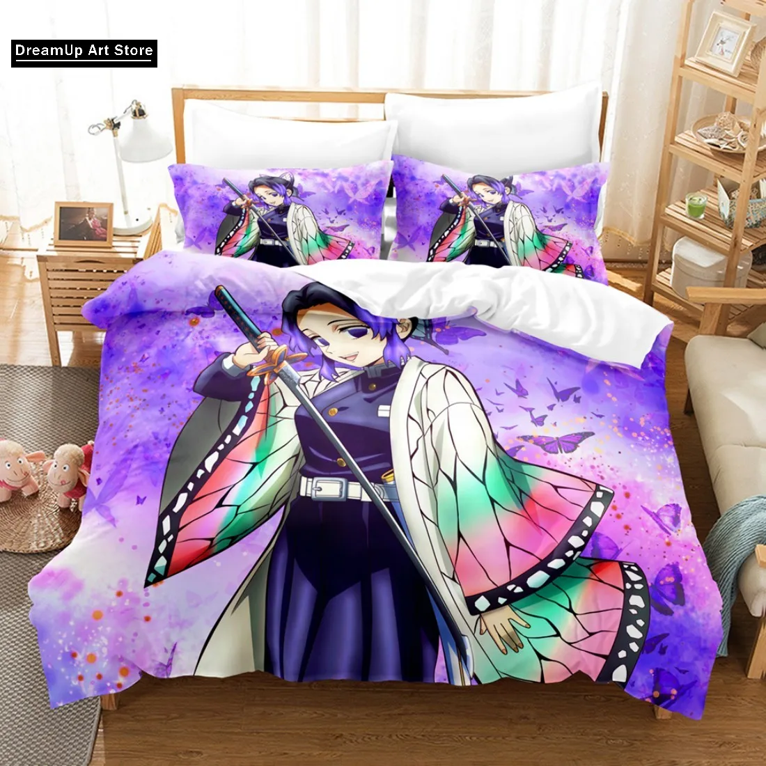 3D Print Kochou Shinobu Anime Demon Slayer Bedding Set Duvet Cover Bed Set Quilt Cover Twin Single Queen King Size Boys Adult