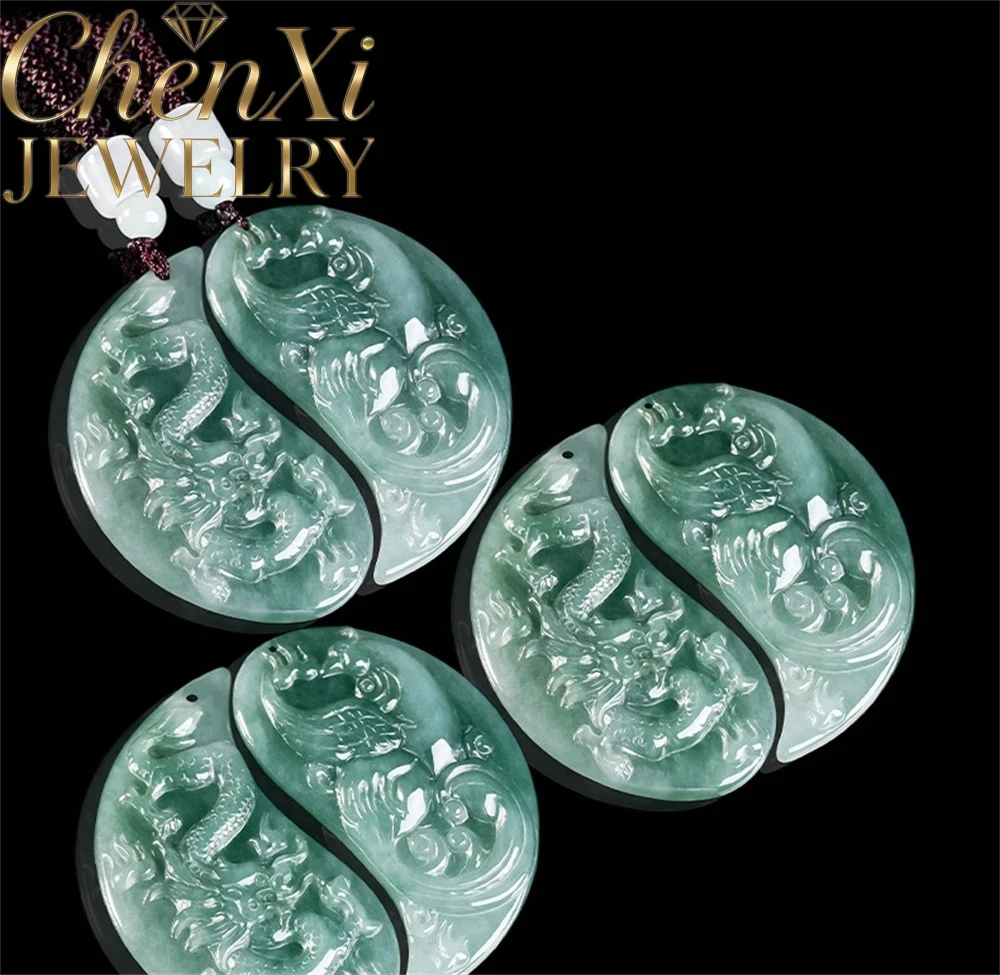 Authentic Natural Myanmar A-Grade Jadeite Dragon Phoenix Couple Paired Pendant For Lovers High-End Fashion Quality Jewelry Gife