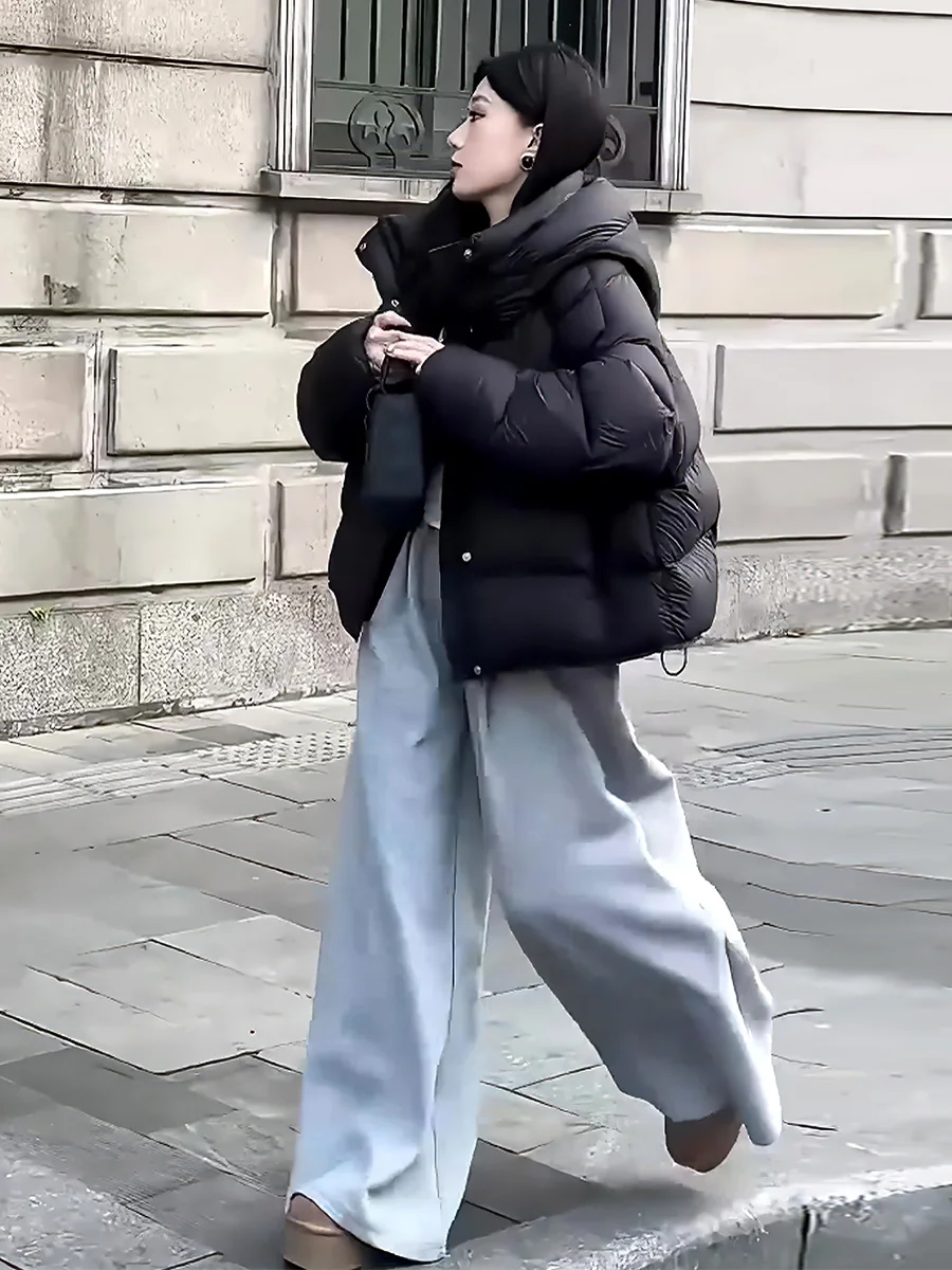 여성용 오트 화이트 다운 재킷 후드 스트링 따뜻한 패셔너블 겨울 아우터웨어 출퇴근용 2024 신상품