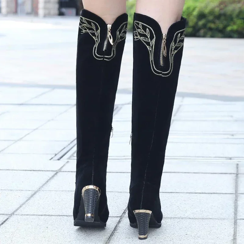 Women Sexy High Heels Shoes Suede Zipper Chelsea Boots 2024 Fashion Winter New Chunky Knee High Boots Pumps Punk High Sock Botas