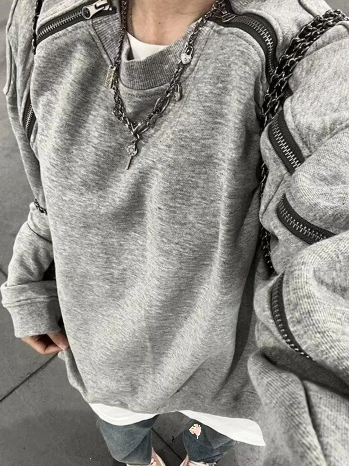 

American Retro High Street Zipper Design round Ne Sweatirt Men Loose Versatile Base Layer Trendy Brand Haome Jaet