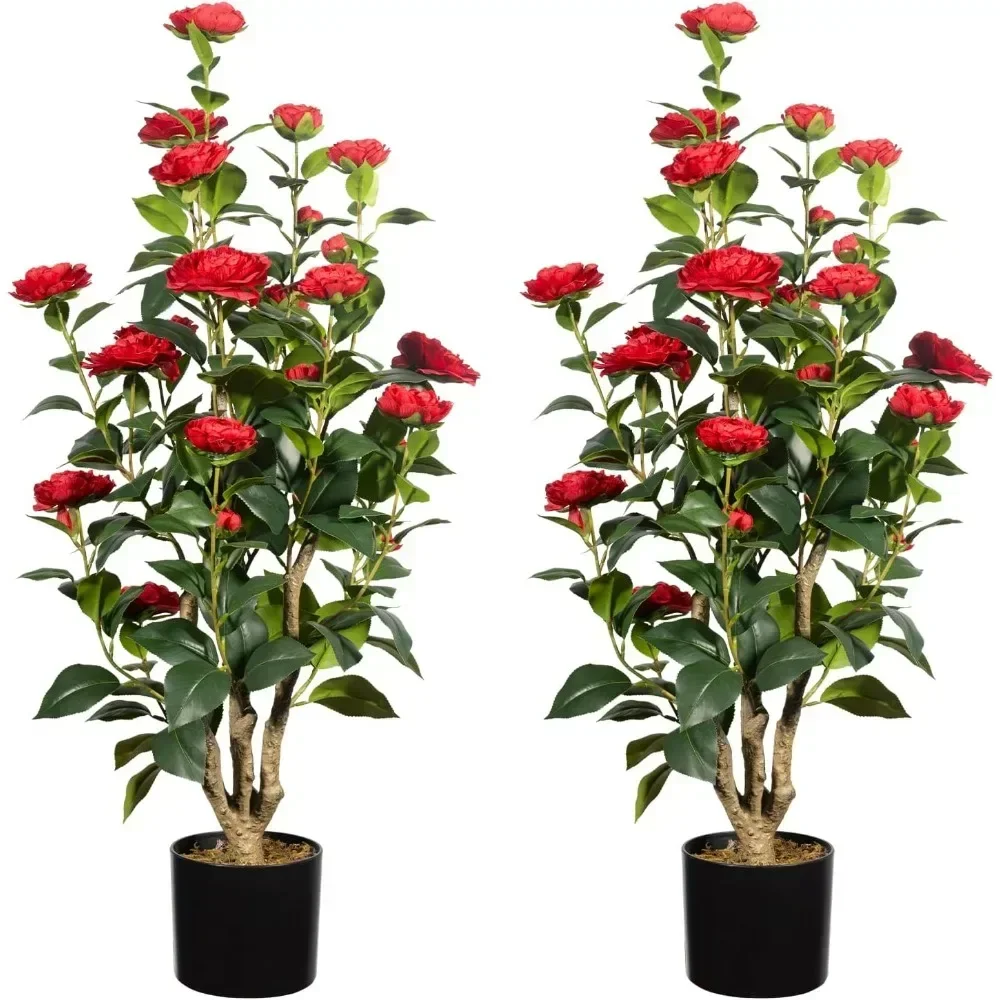 Artificial Camellia Tree 3FT, Red Faux Camellia Plant Fake Potted Camellia Flower Trees Plastic Camellias Tree