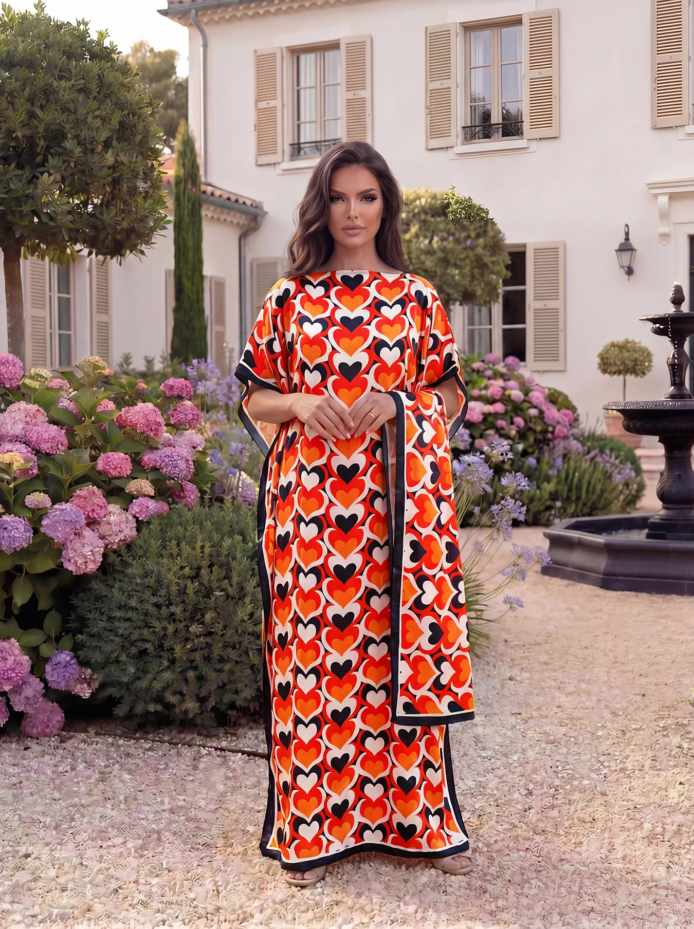 Heart Pattern Print Abaya with Matching Scarf, Loose‑fit Long Robe, Summer Beach Vacation Outfit for African Muslim Ladies
