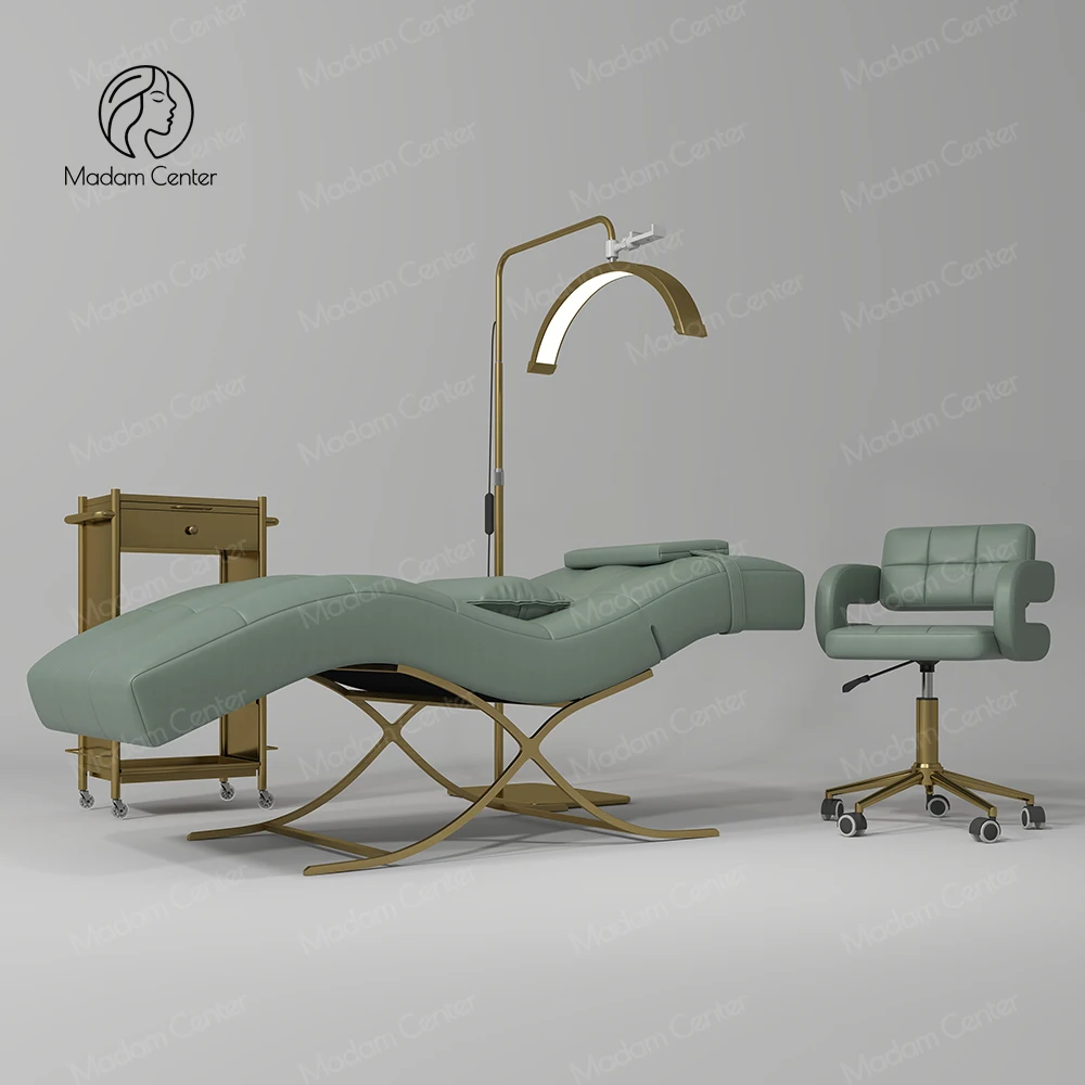 Madamcenter Luxury Aesthetic Stretcher Chair Camilla Lash Salon De Belleza Unique Curved Lash Bed Lash Lamp Set Facial Massage