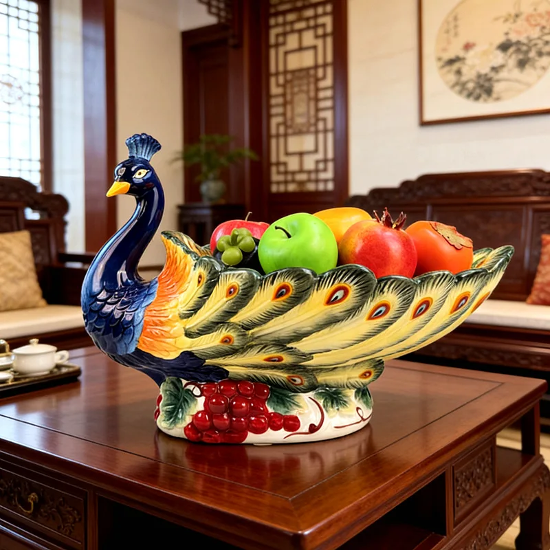 Peacock Fruit Plate Painted Ceramic Fruit Plate Pastoral Living Room Coffee Table Ornament Peacock Home Decoration