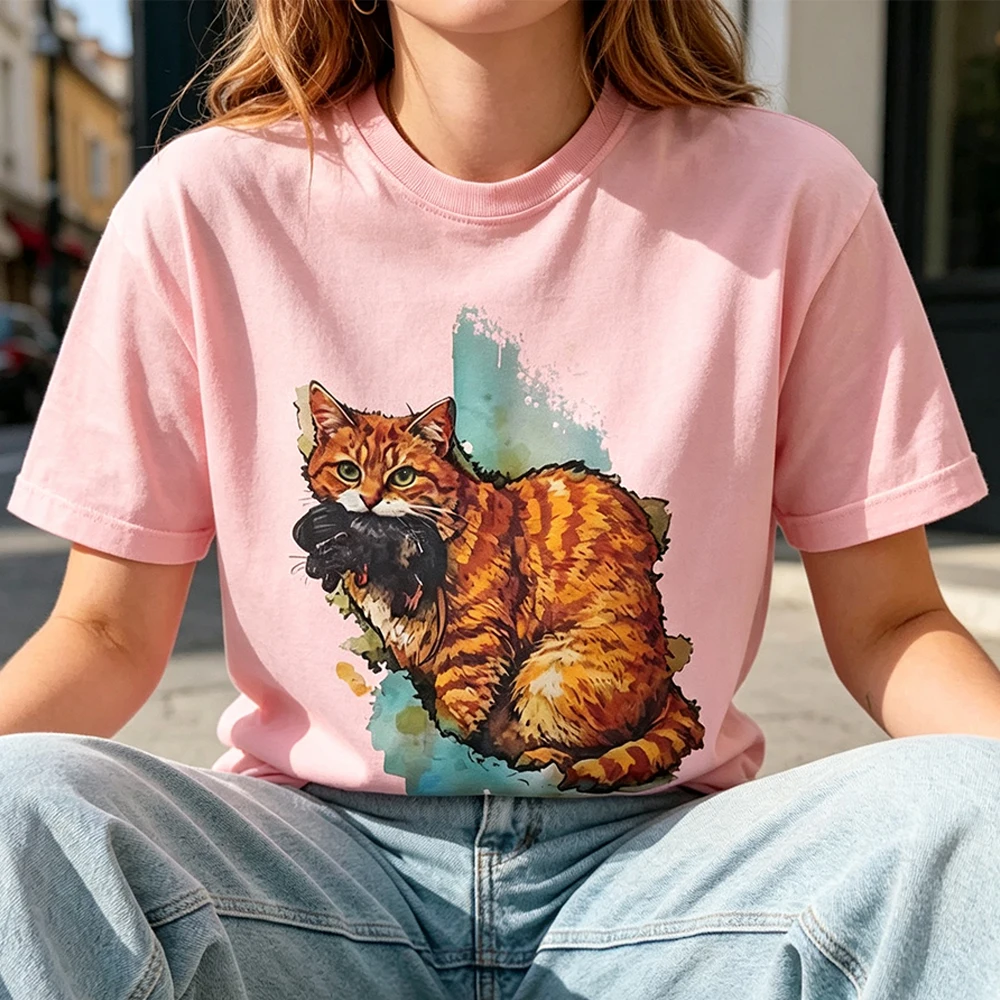 Orange Cat Watercolor Splash Illustration Printed Tshirt Men Women Fashion Crewneck Cotton Tee Tops Cat Lover Gift Short Sleeve