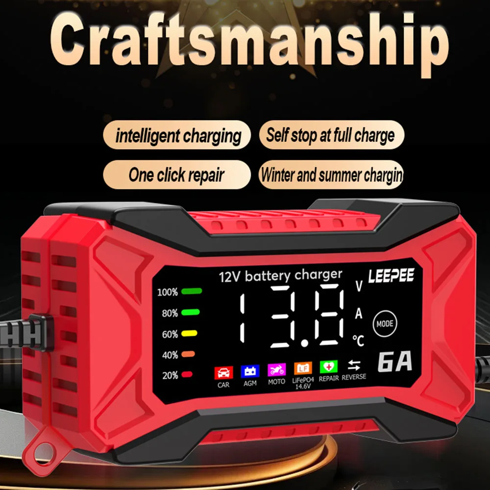 Car RV Truck Trailer Intelligent  Battery Charger Auto SUV Motorcycle Truck Pulse Repair 12V 6A Voltage Temperature Detection