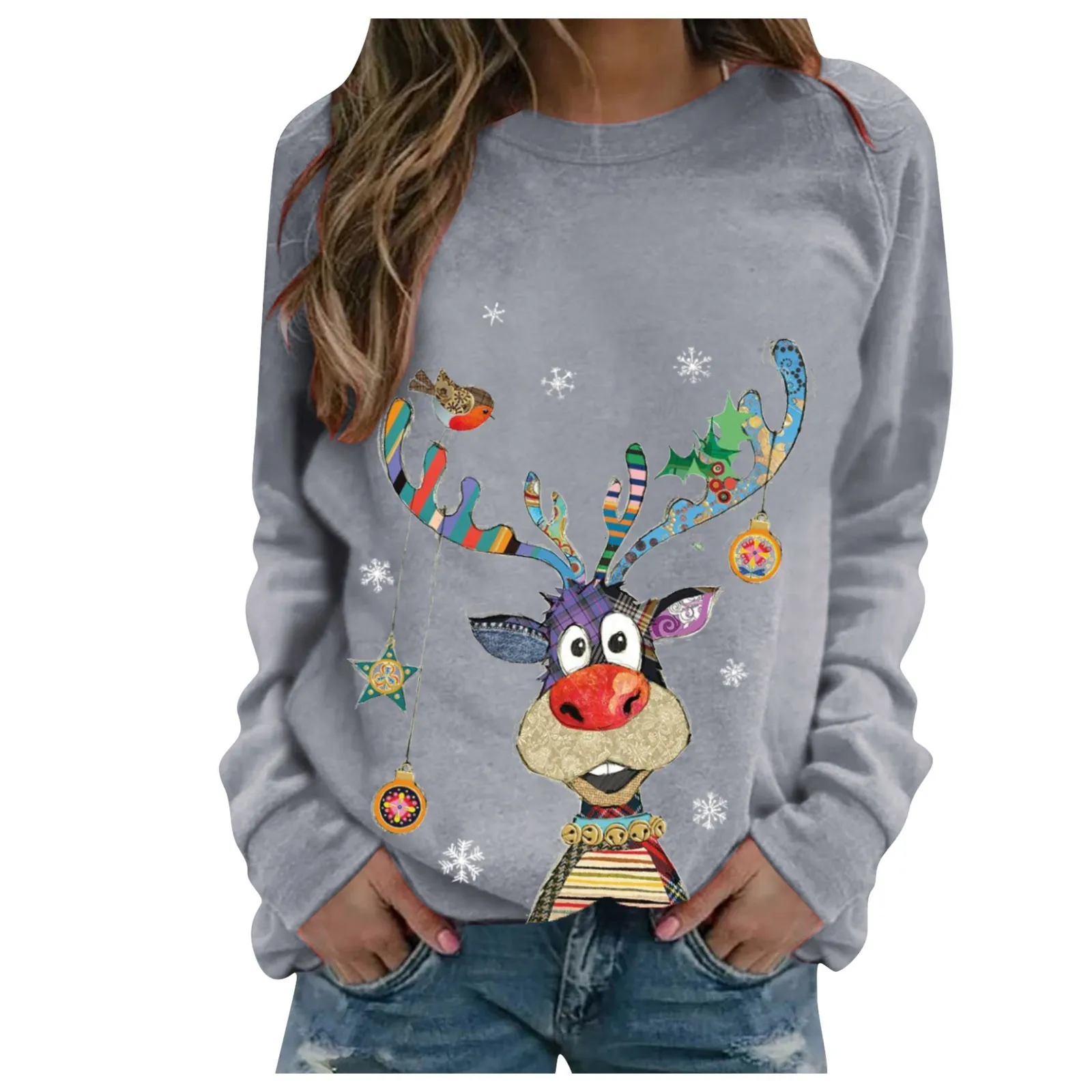 New Women\'s Casual Fashion Winter Christmas Print Long Sleeve O-Neck Pullover Top