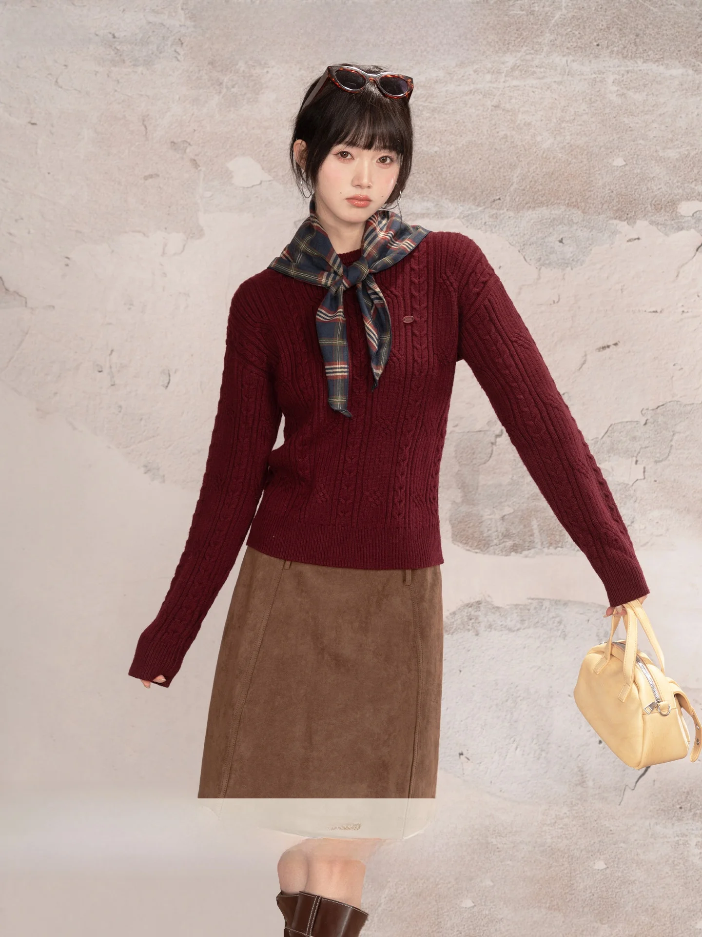 

Loveheynew Wine Red round Ne Thi Knit Sweater Women's Winter New Cisas Aosphere Top Commute Sle Loose Fit Long Sl...