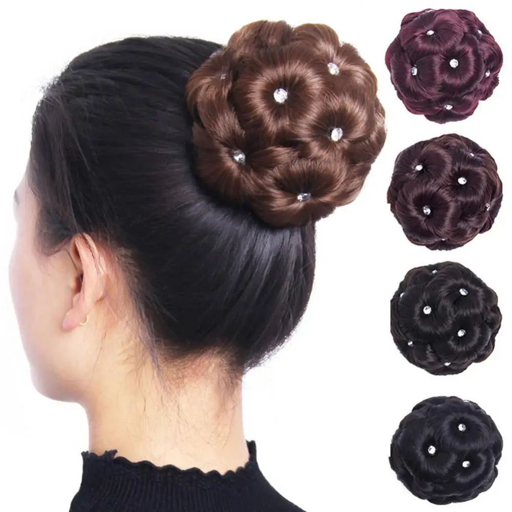 12cm 9 Flowers Hair Extension Bun Faux Crystal Synthetic Bun Hair Wig Elastic Bridal Donut Chignon Messy Bun Claw Clip In Hair