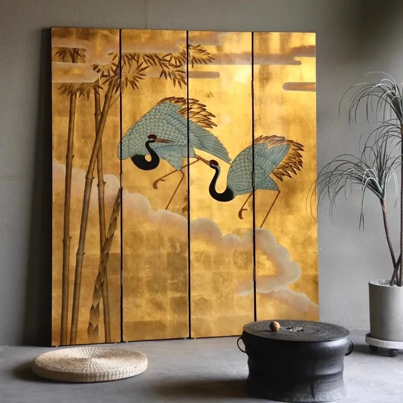 Retro Chinese crane gold foil fabric screen entry living room facing the door blocking decorative partition foldable mobile