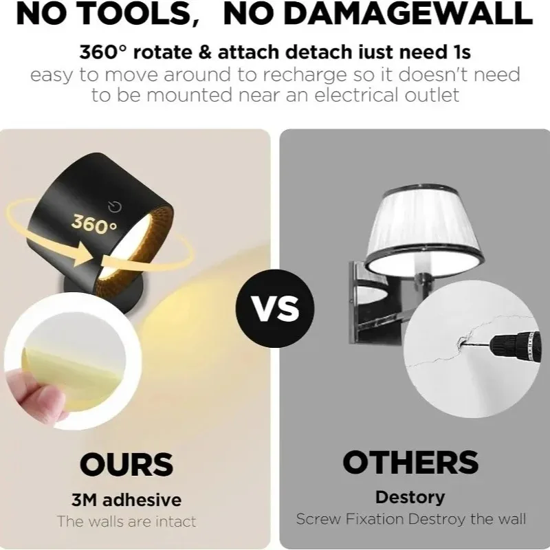 360° Rotation RGB Wall Lamp 9 Colors LED Up Down Light Remote Control Rechargeable Wireless Night Lamp for Bedroom Bedside