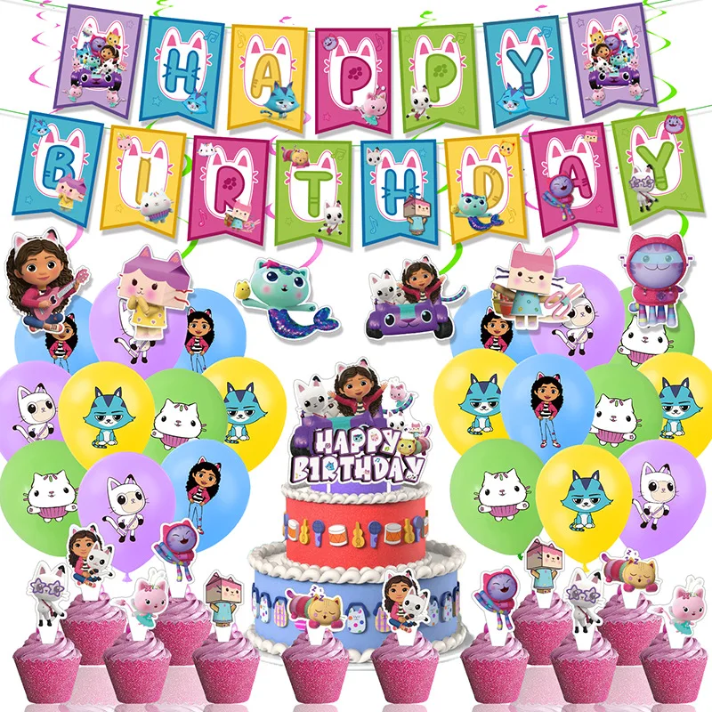 Gabby Birthday Party Decorations Paper Cups Plates Tablecloth Backdrop Pink Balloons Tableware Supplies Birthday Gifts For Kids